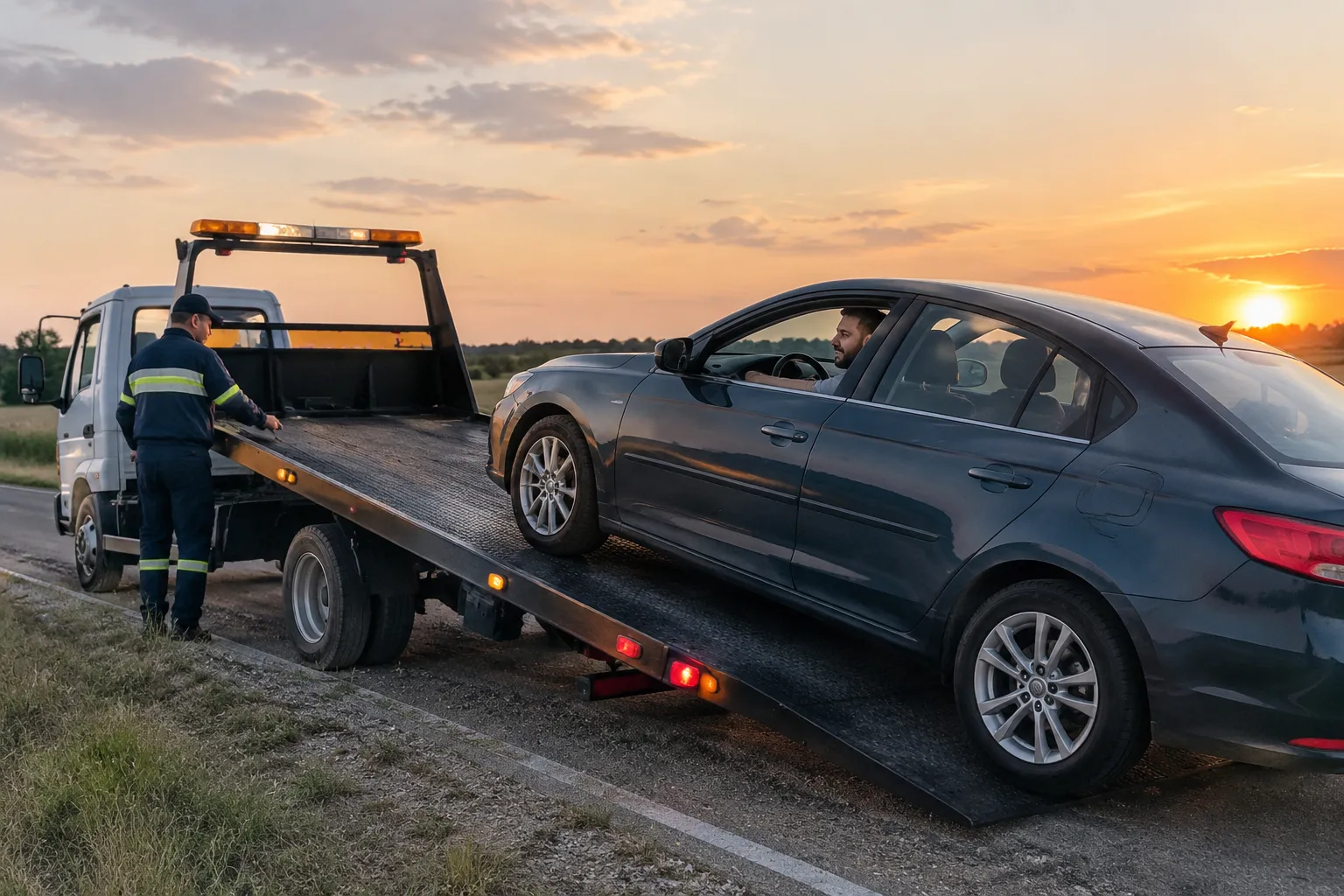 Camion de remorquage tire une voiture en panne sur route de campagne au crépuscule.