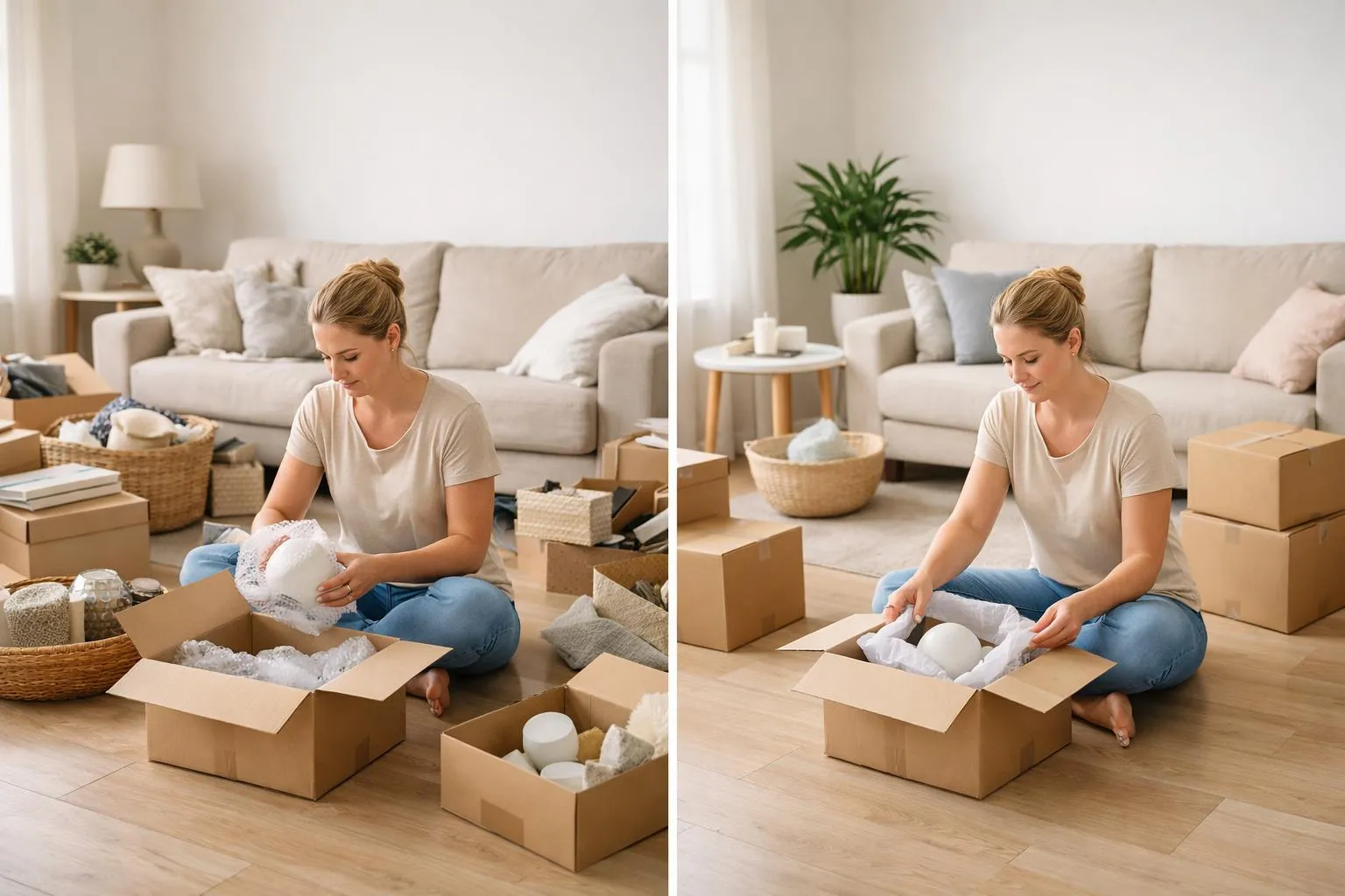 Femme déballant des boîtes dans un salon confortable.