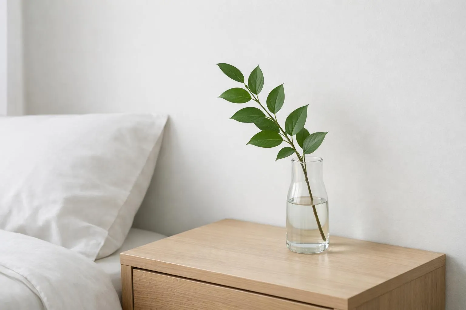 Branche de feuilles vertes dans un vase en verre sur une table en bois.
