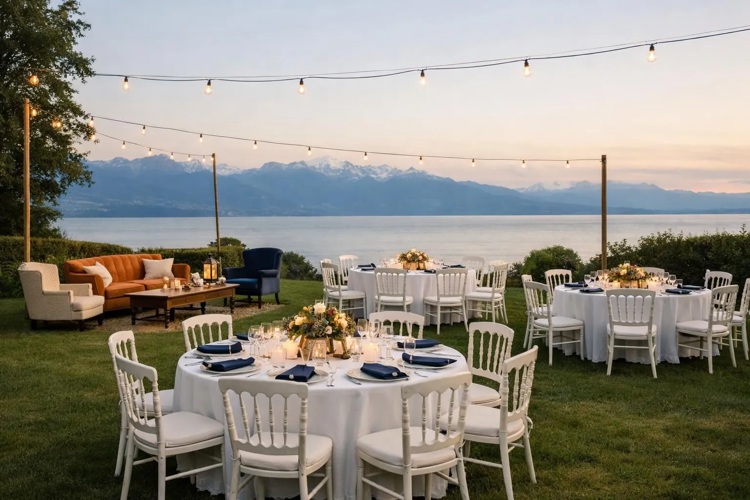 Dîner élégant en plein air avec vue panoramique sur les montagnes.