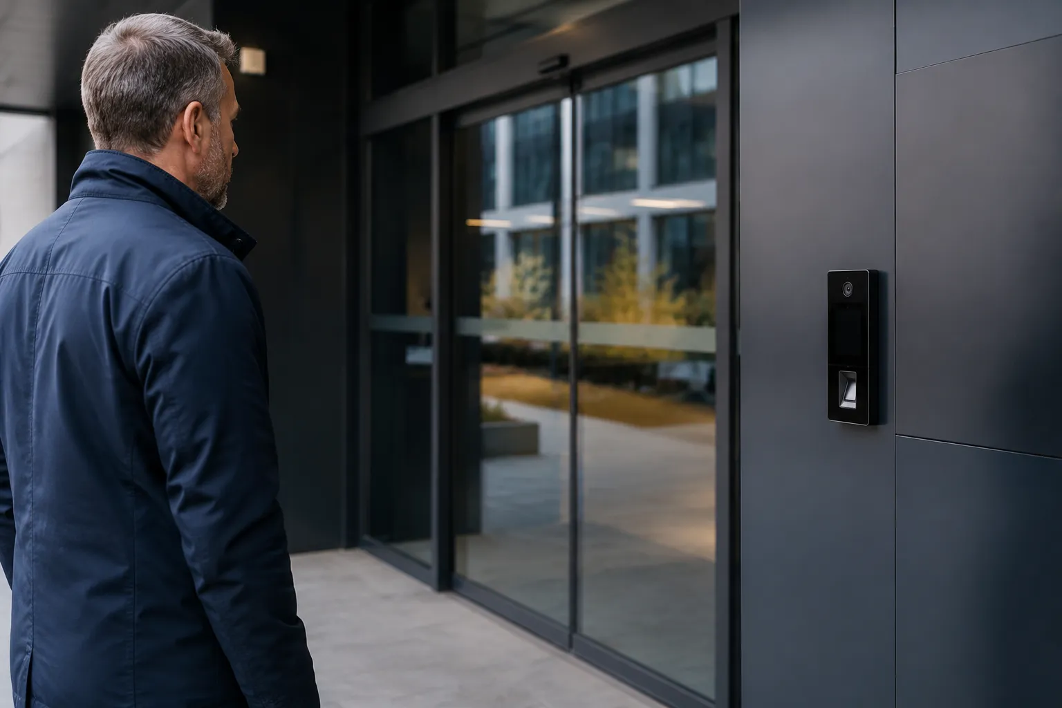 Homme devant un interphone biométrique à l’entrée d’un immeuble moderne