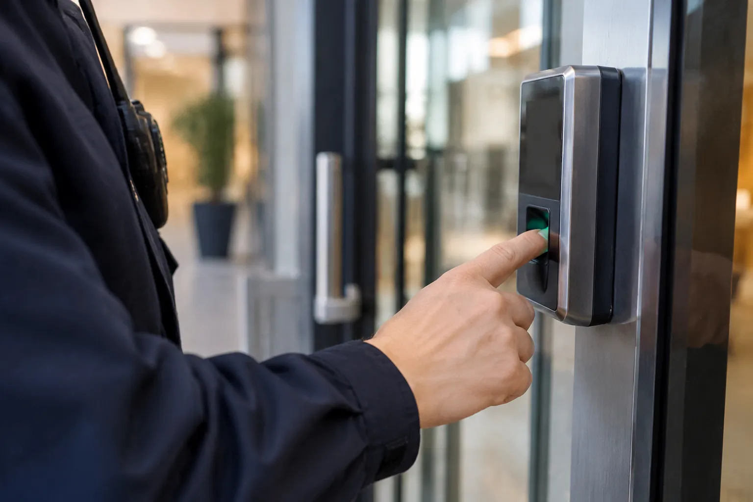 Doigt appuyant sur un lecteur biométrique de porte vitrée