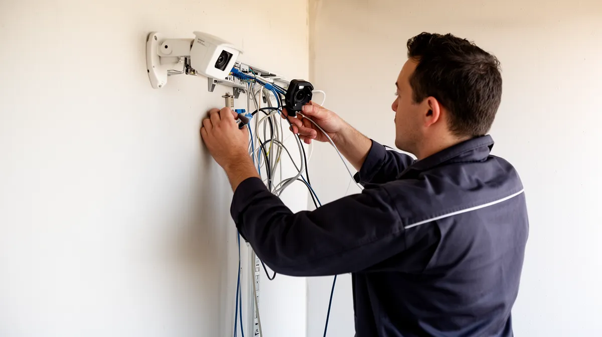 Technicien installant un système de câblage électrique sur un mur.