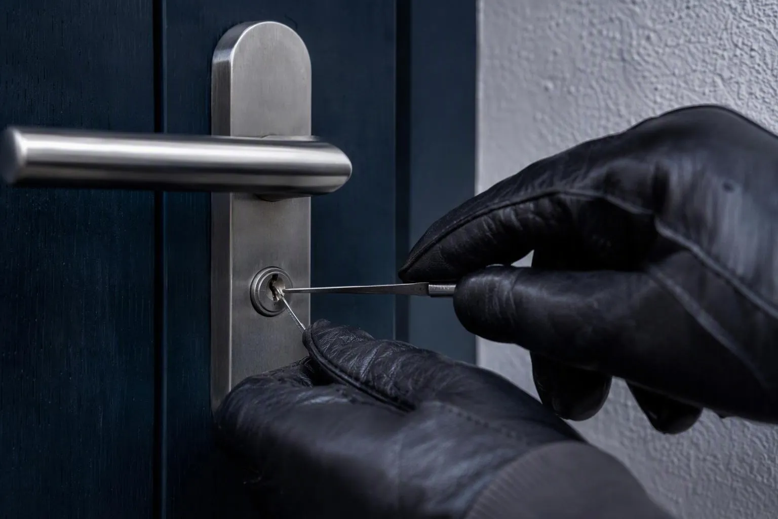 Cambrioleur en gants noirs forçant une porte avec un outil.