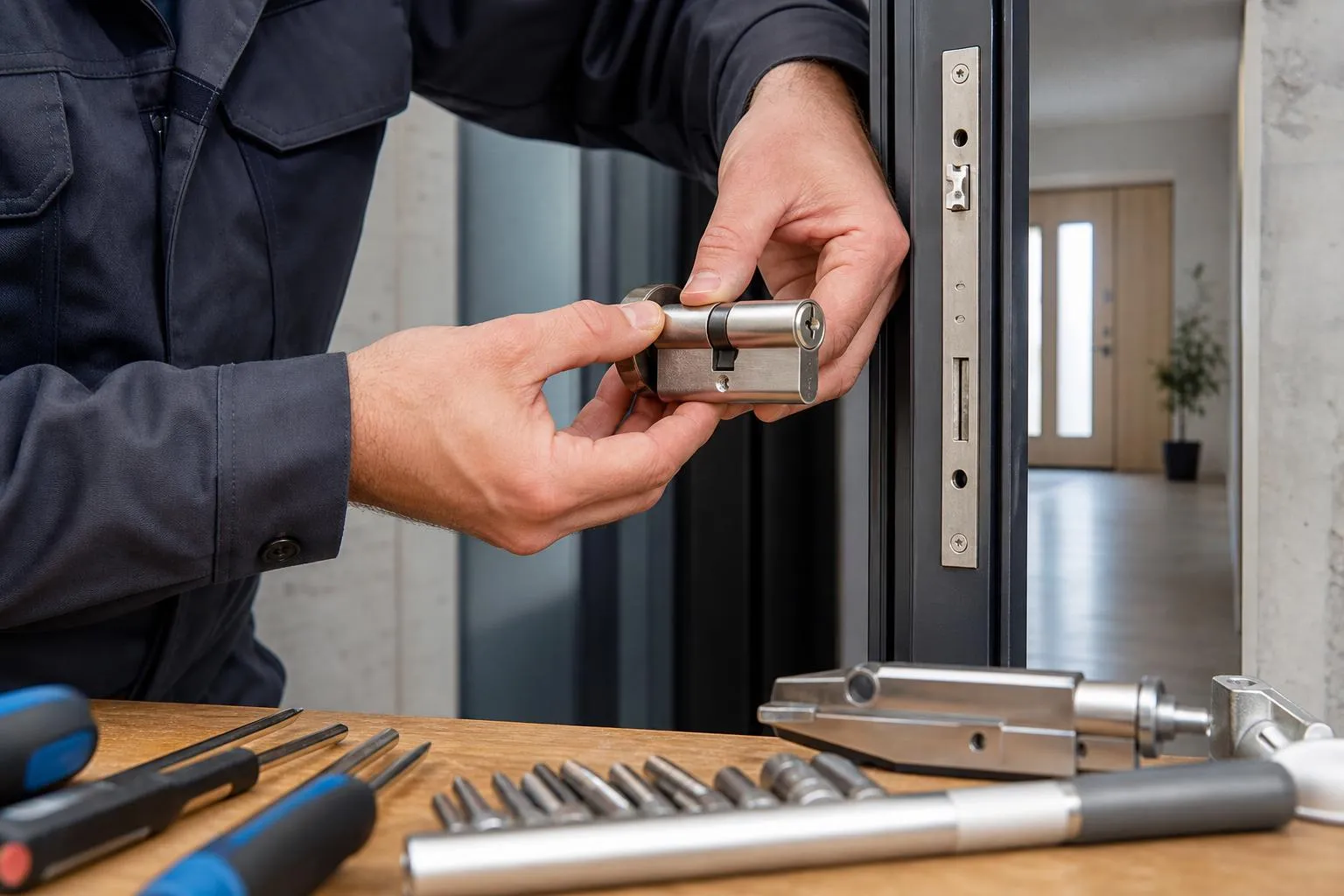 Homme en uniforme installant un verrou de porte.