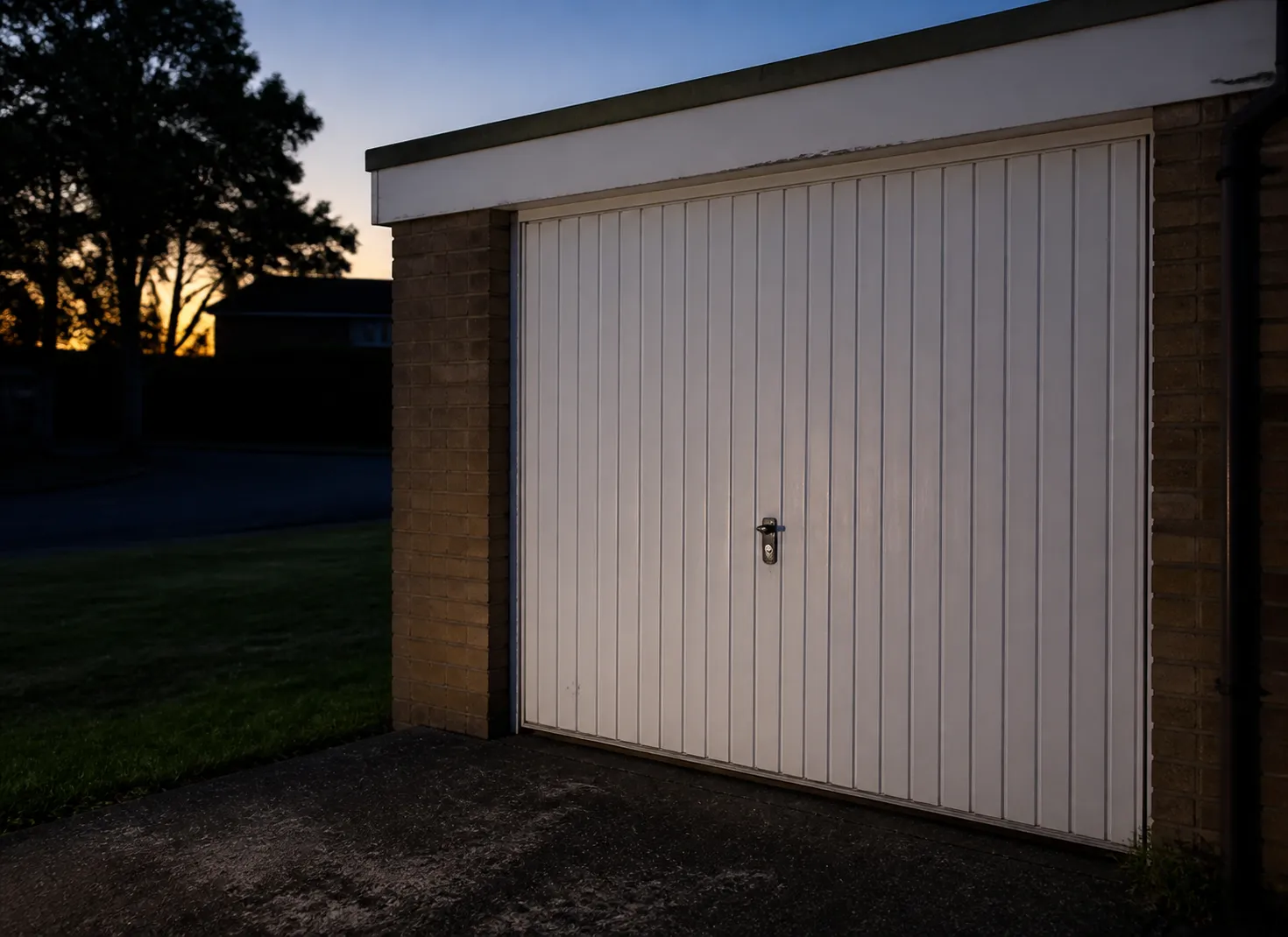 Garage en bois avec porte blanche au coucher de soleil.