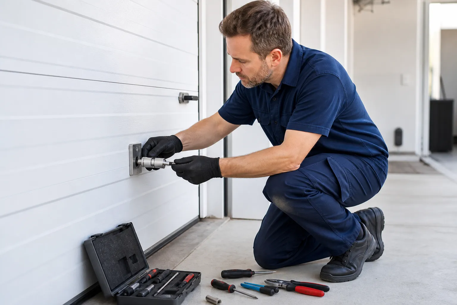 Technicien installant un équipement électrique dans un bâtiment.