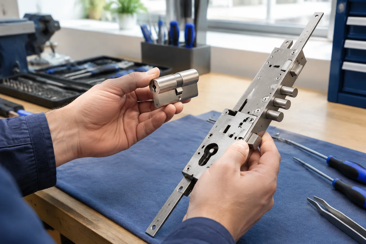 Serrurier assemble une serrure multipoints avec un cylindre européen.