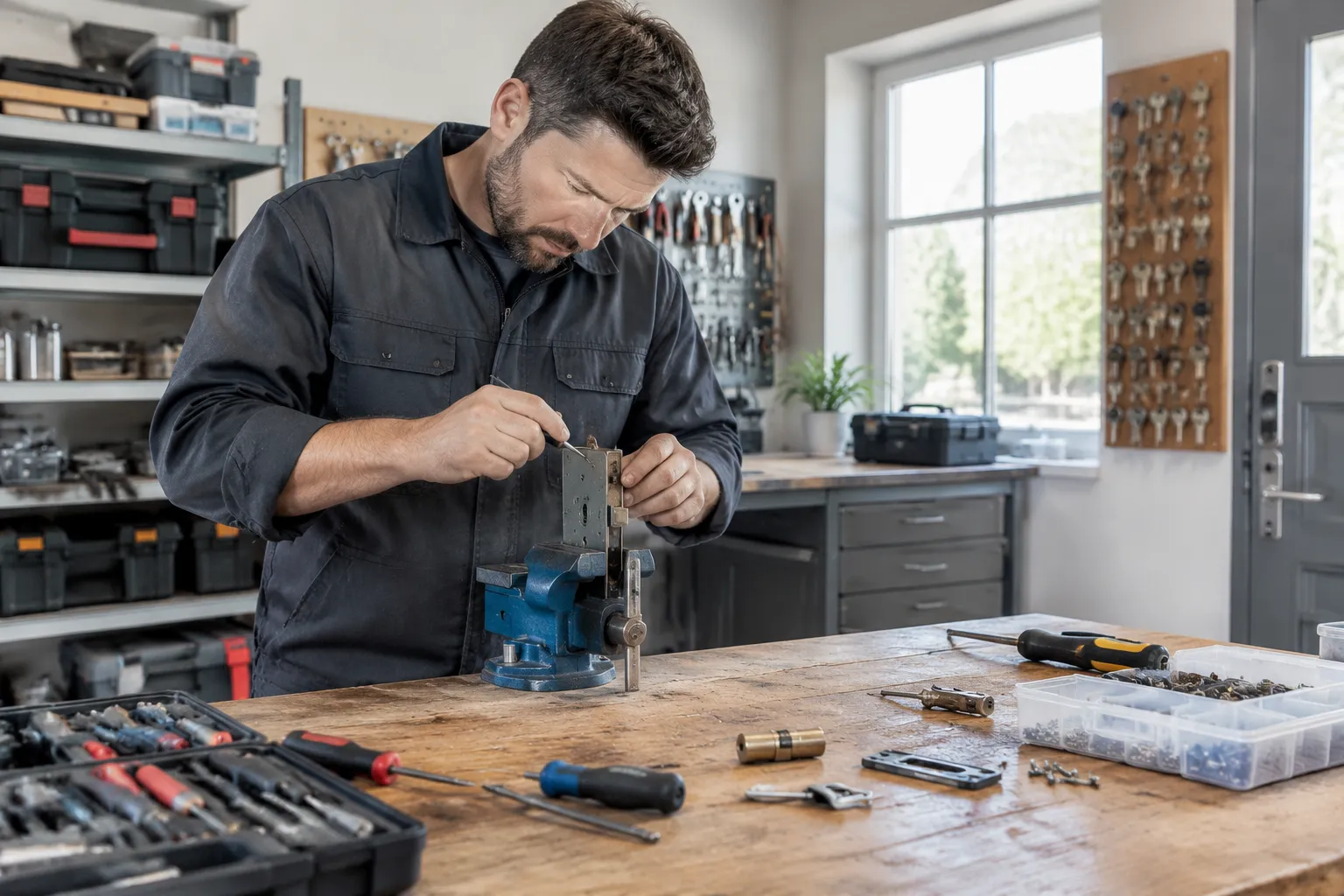 Serrurier réparant une serrure dans son atelier bien équipé