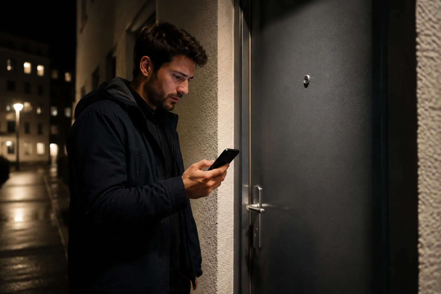Homme solitaire dans la nuit, vérifiant son téléphone portable.