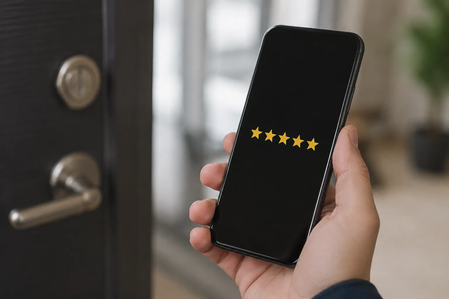 Smartphone affichant cinq étoiles dorées sur fond noir.
