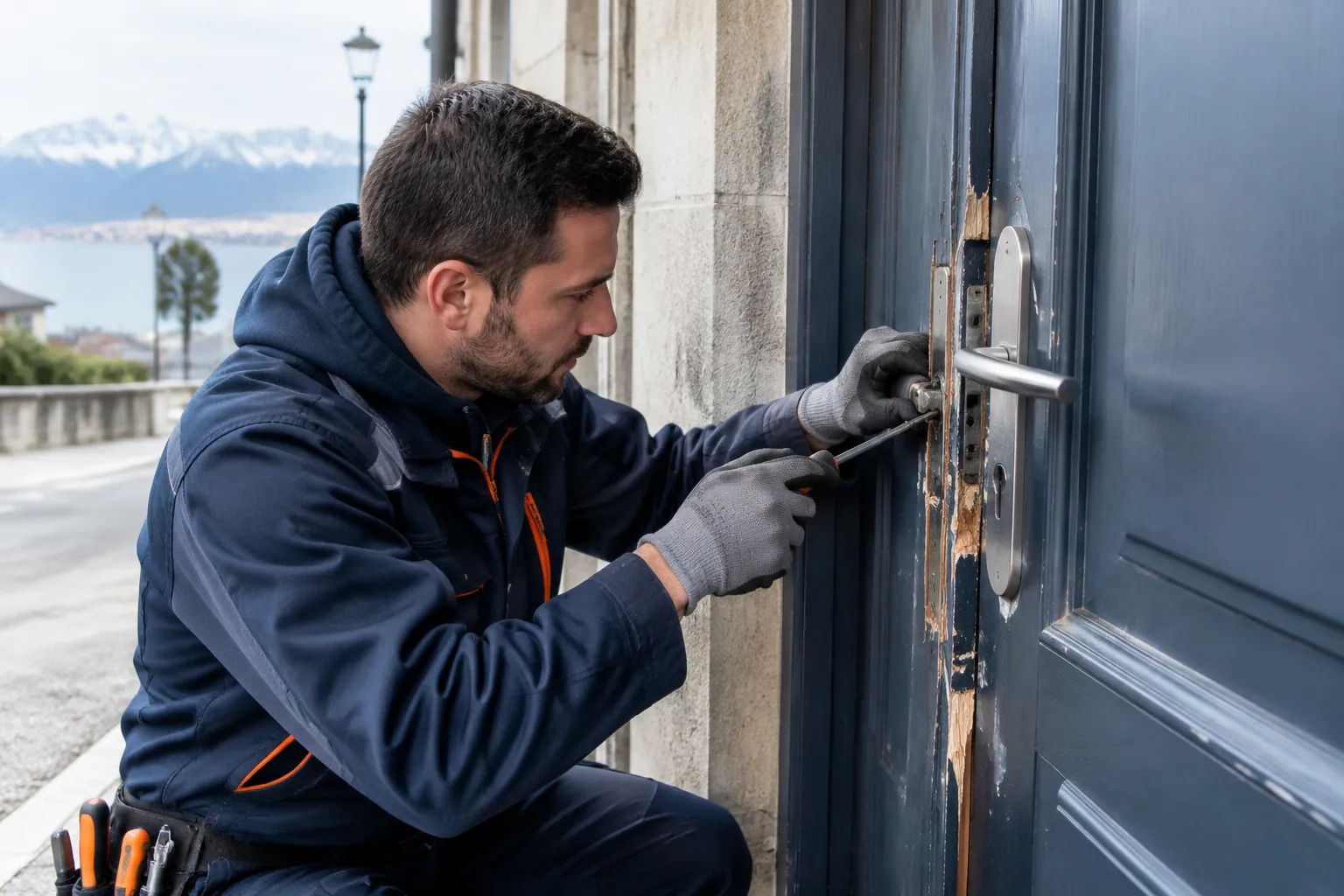 Serrurier réparant une serrure de porte bleue extérieure.