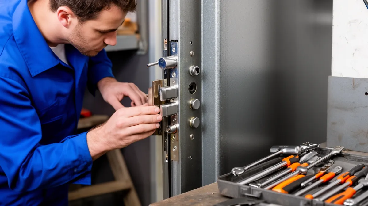 Technicien réparant une porte métallique avec des outils.