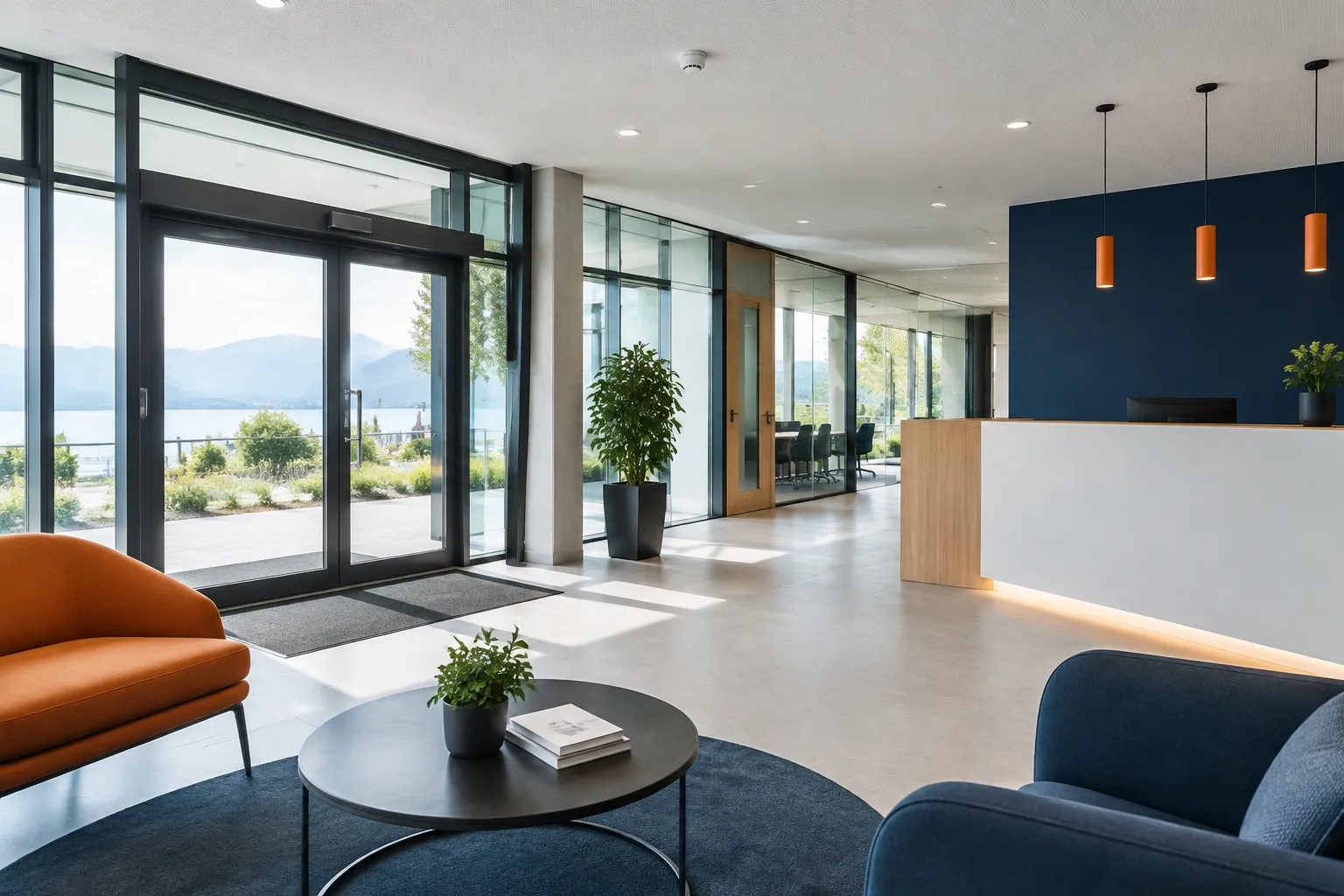 Hall d’accueil moderne avec vue sur lac et montagnes