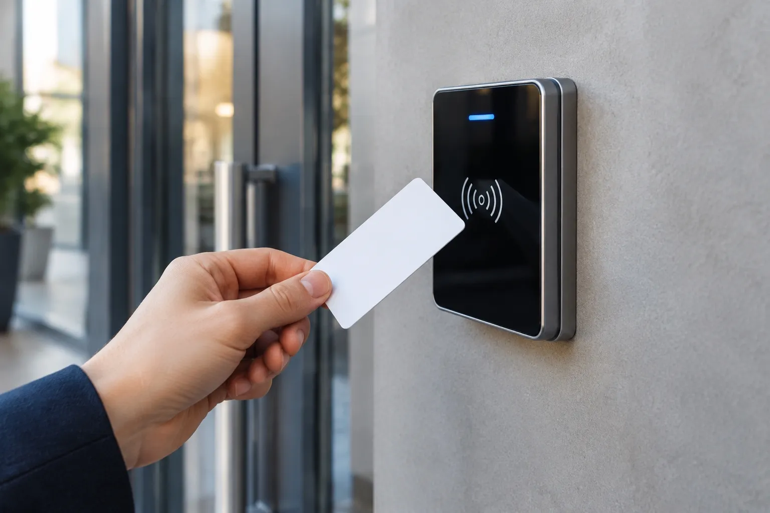 Main présentant une carte blanche à un lecteur RFID mural