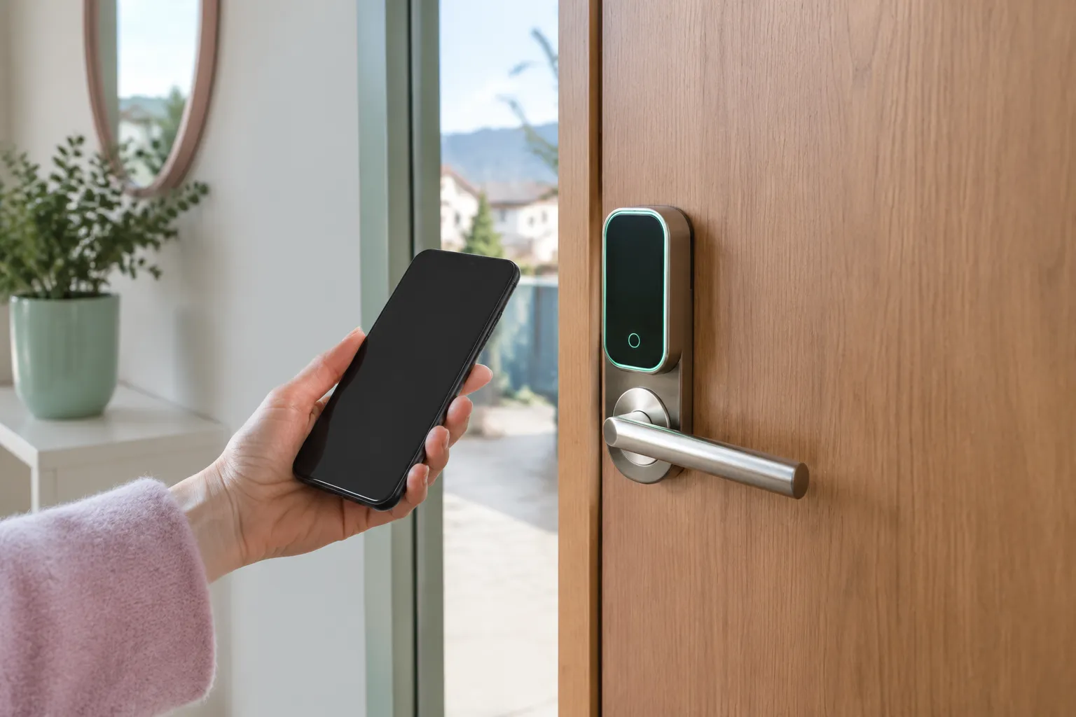 Personne utilisant un smartphone près d’une serrure connectée.