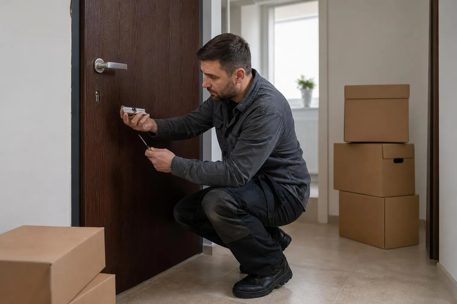 Homme en tenue sombre ouvrant une porte d'entrée.