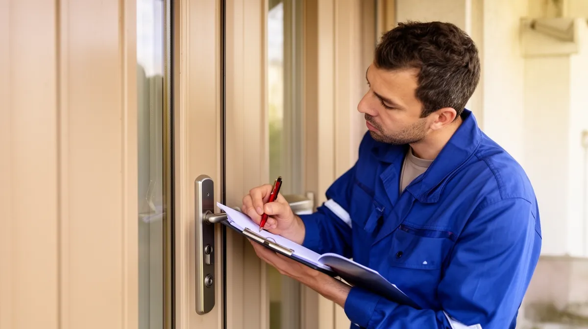 Un homme en combinaison bleue inspecte attentivement une porte.
