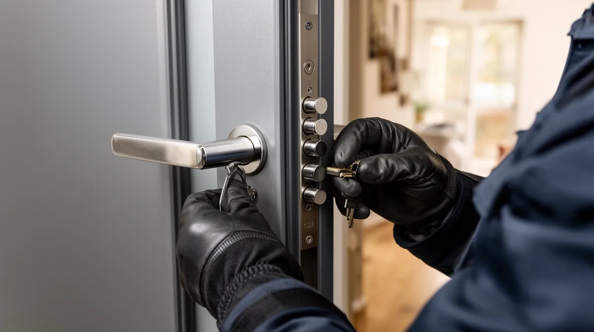 Cambrioleur en train de forcer une porte d'entrée avec des gants noirs.