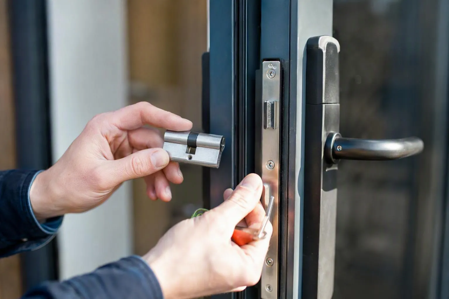 Remplacement du cylindre de serrure d’une porte vitrée.
