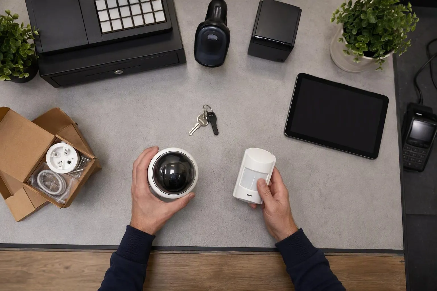 Installation domotique avec caméra, détecteur et accessoires sur table.