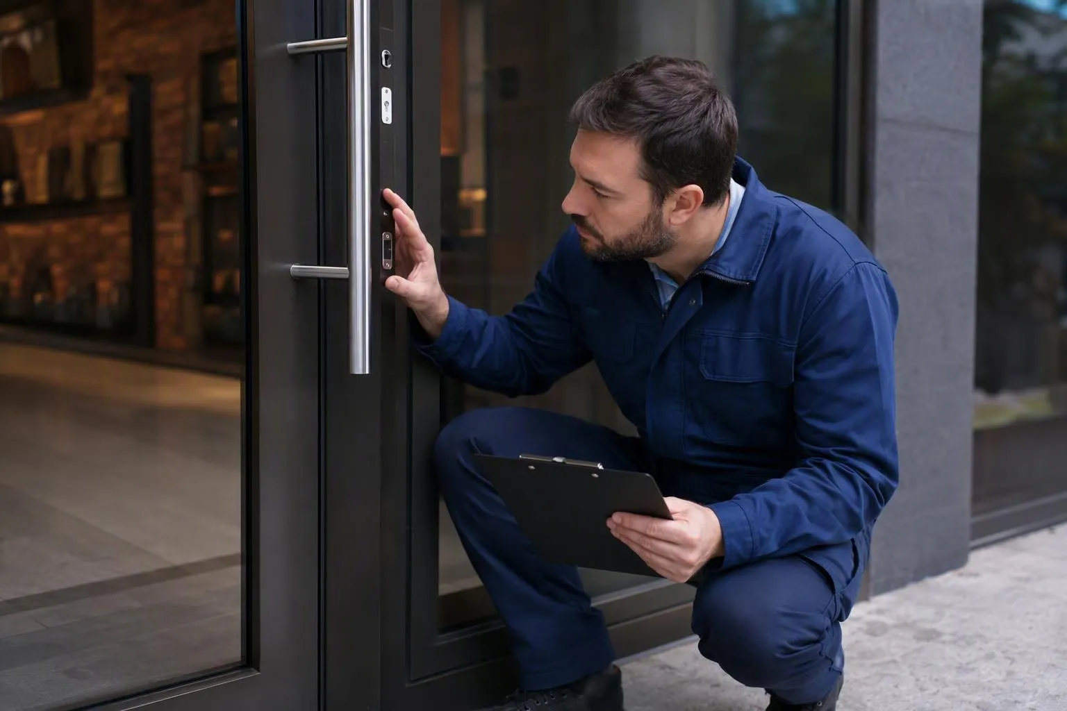 Technicien inspectant une serrure de porte vitrée extérieure.