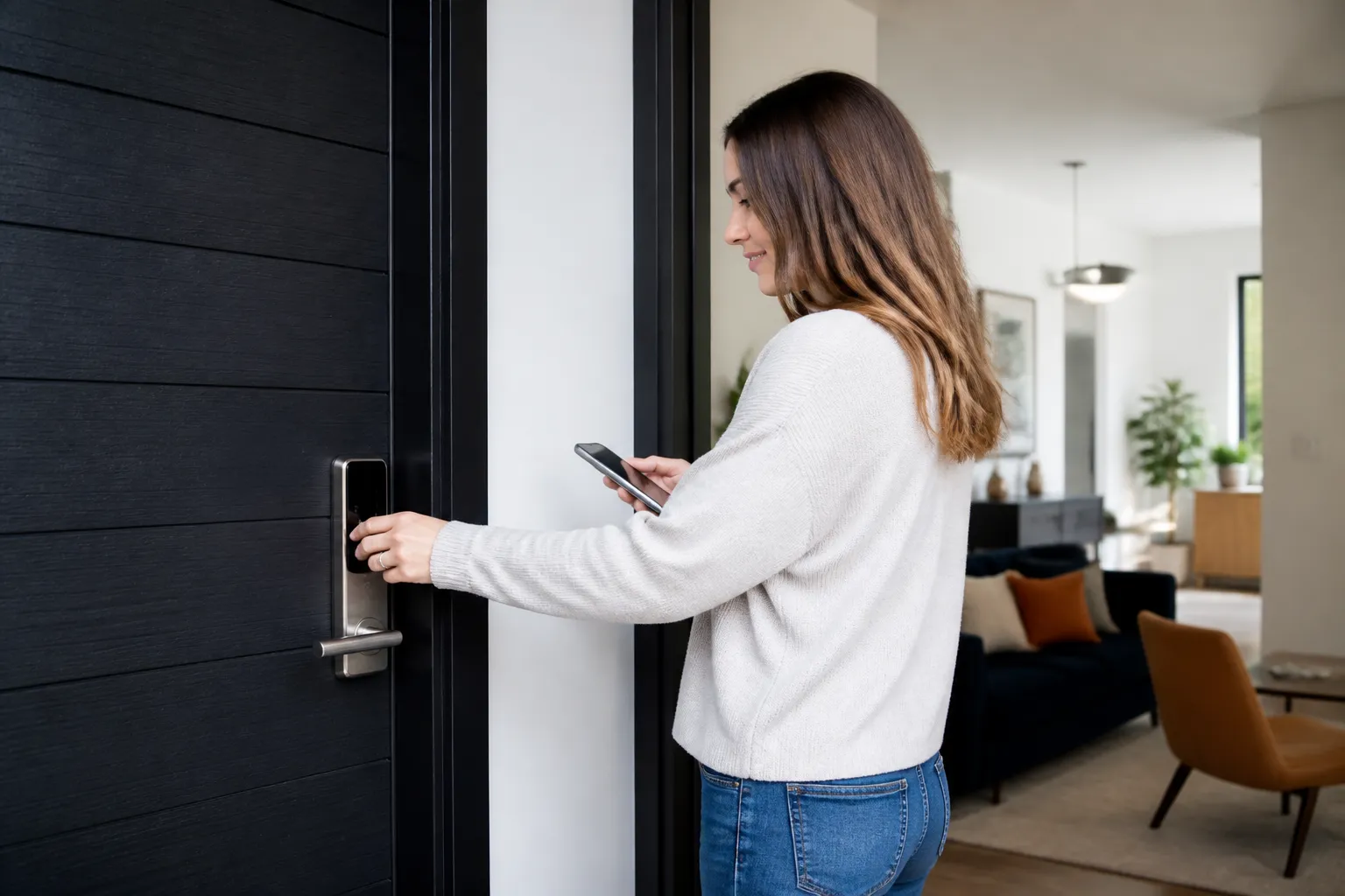 Une femme ouvre une porte d'entrée tout en tenant un téléphone portable.
