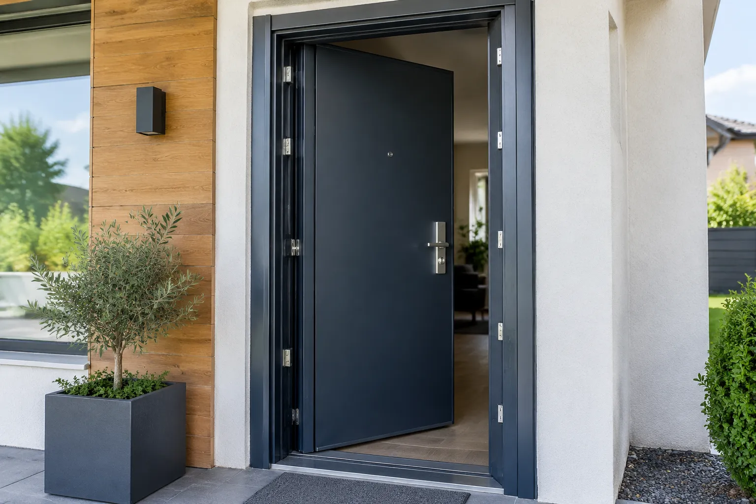 Porte d’entrée moderne bleu foncé, maison contemporaine, plante en pot