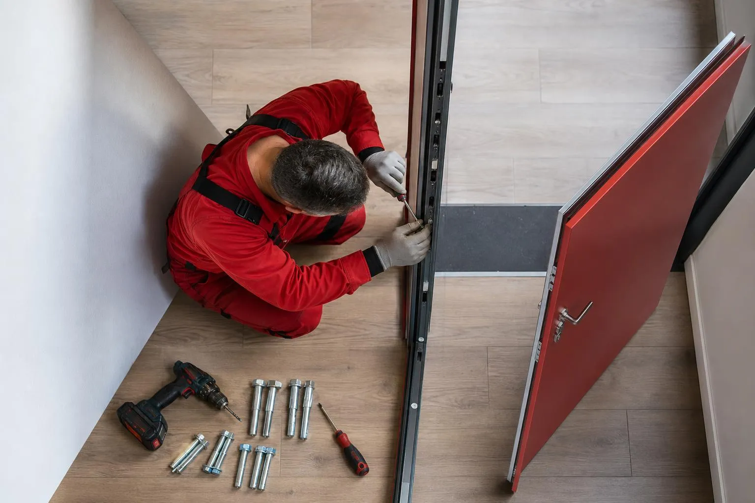 Technicien installe une porte rouge avec perceuse et outils