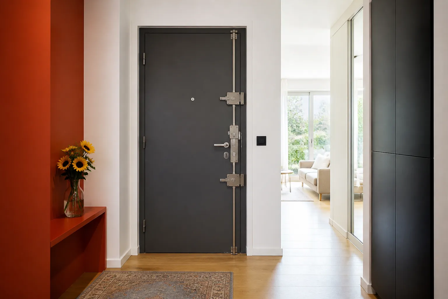 Entrée d'appartement avec porte noire sécurisée, vase de fleurs et tapis.