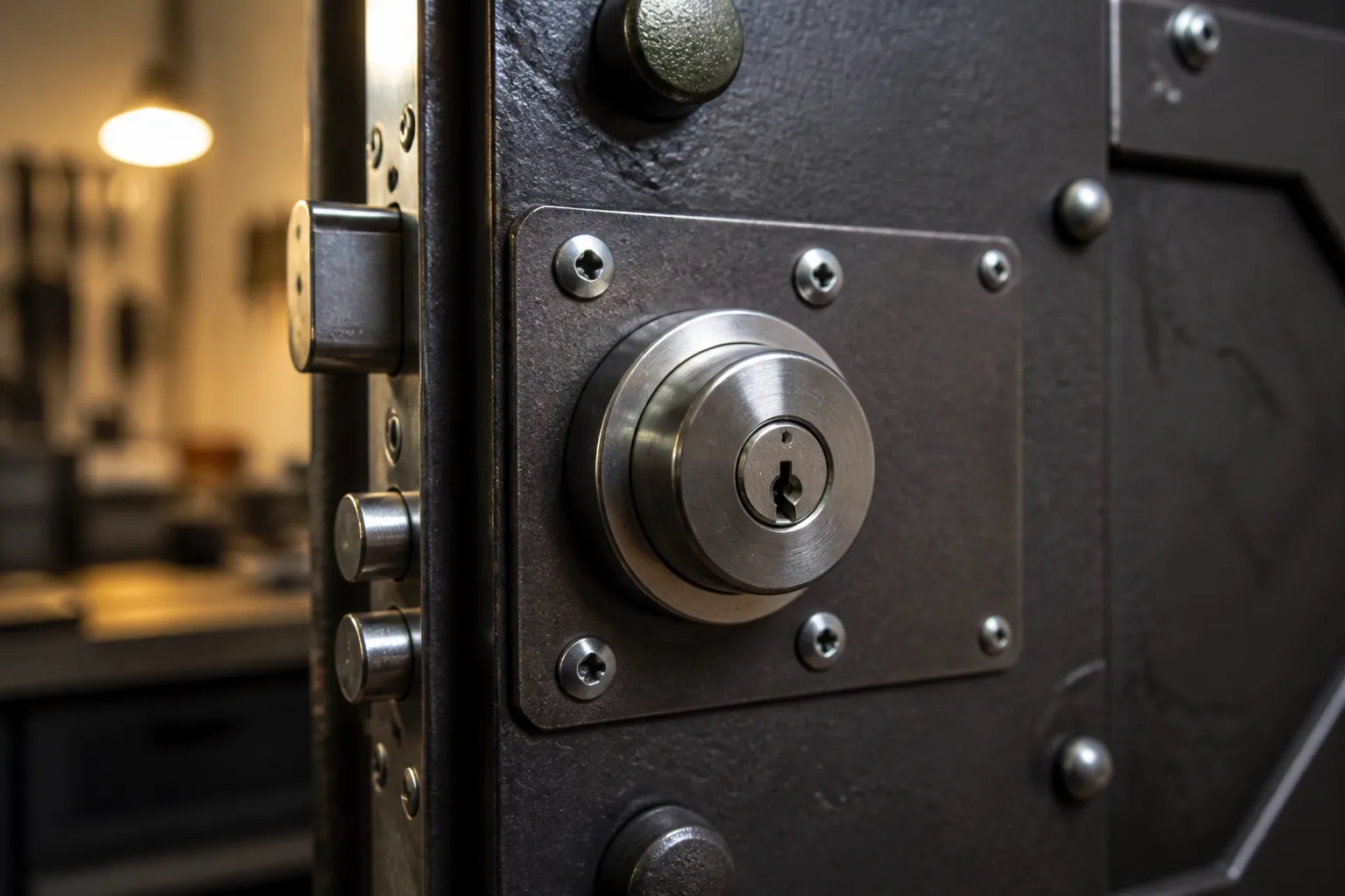Serrure de sécurité métallique noire avec bouton rotatif.