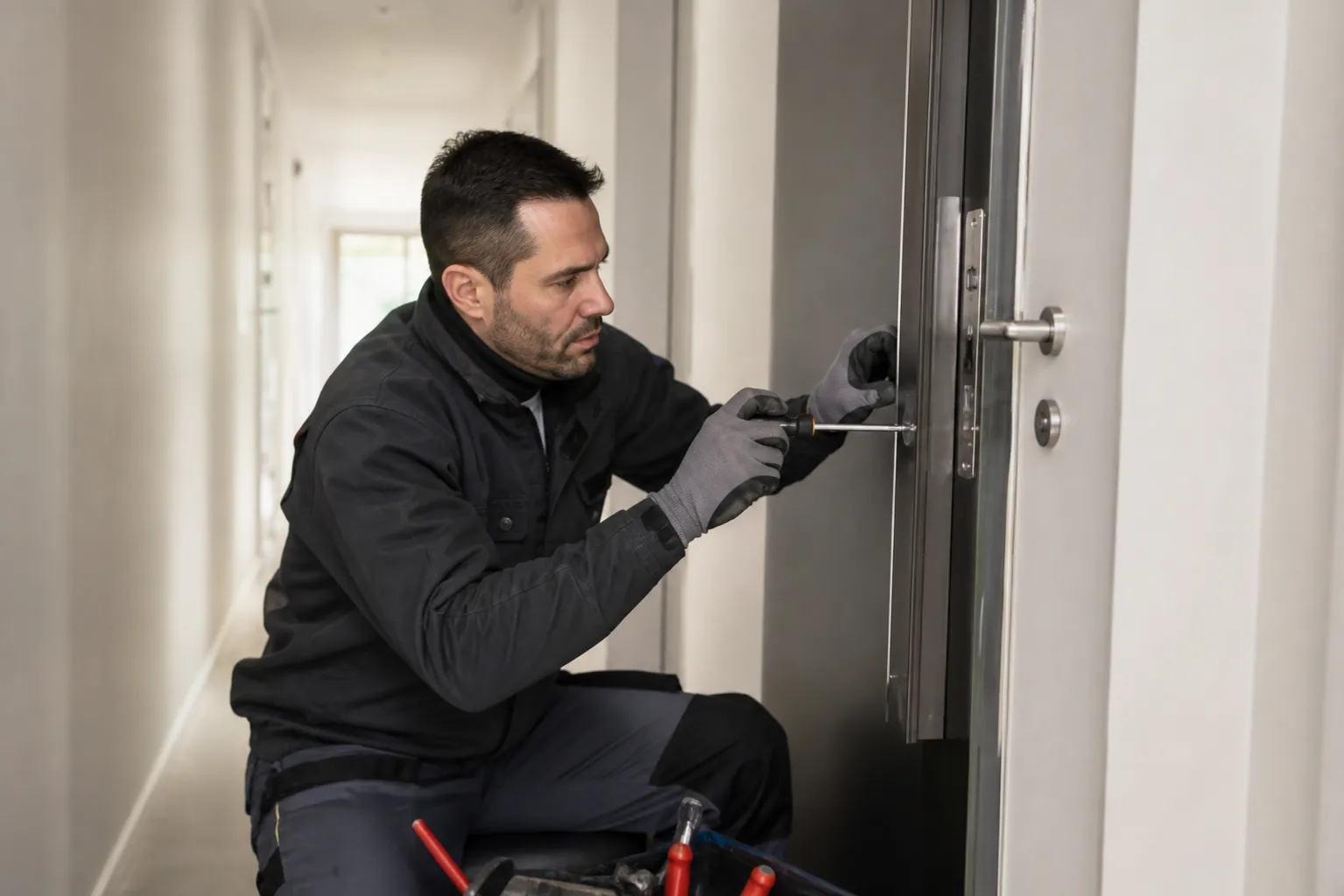 Homme en vêtements sombres réparant la serrure d'une porte.