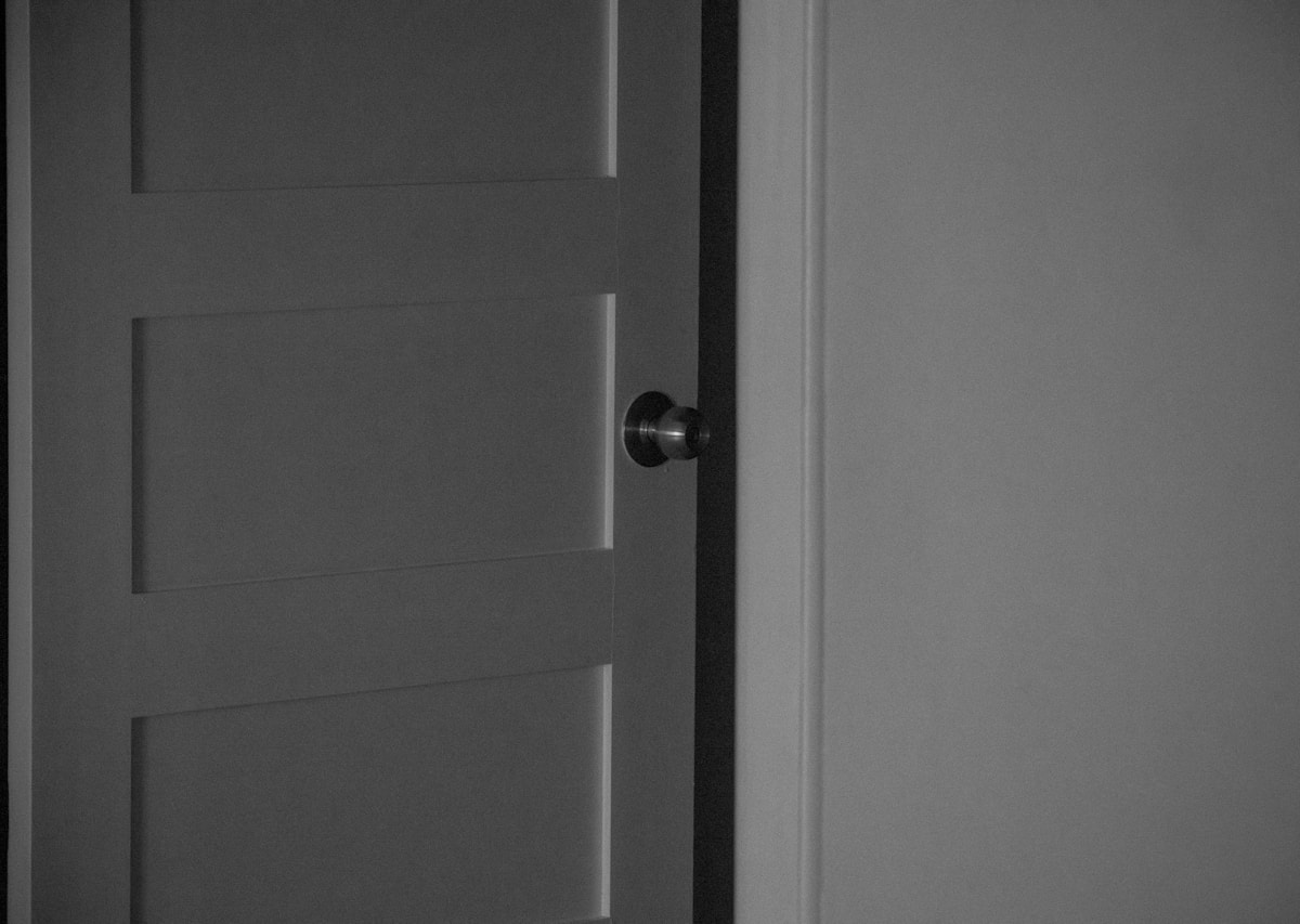 Porte blanche avec poignée en métal sombre.
