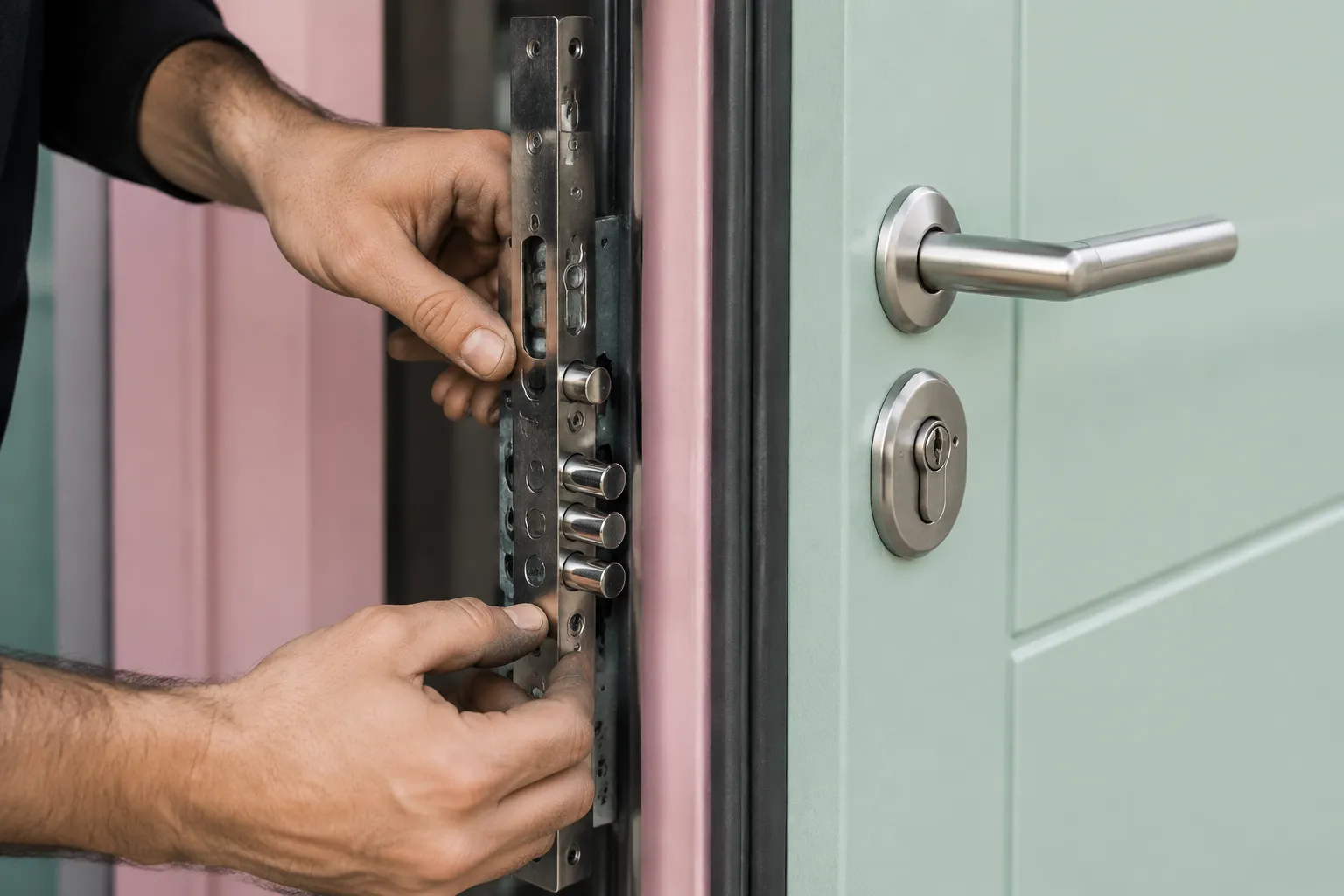 Mains installant une serrure sur une porte rose et verte.
