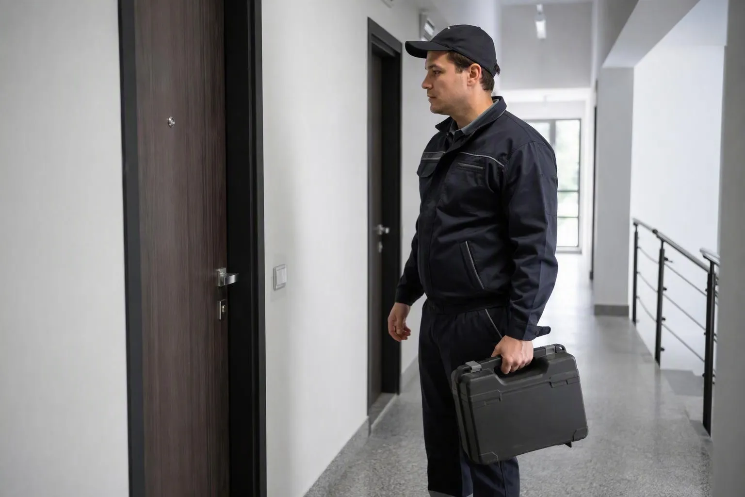 Homme en uniforme noir tenant une mallette, debout dans un couloir.