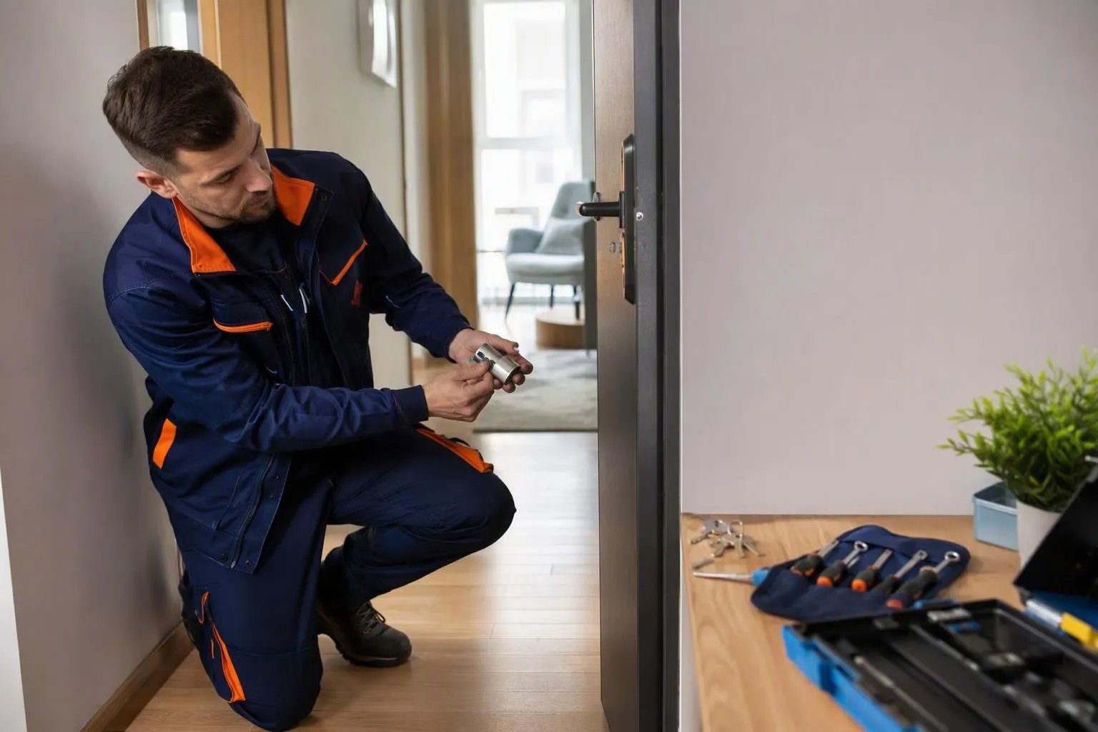Serrurier réparant la serrure d’une porte avec ses outils
