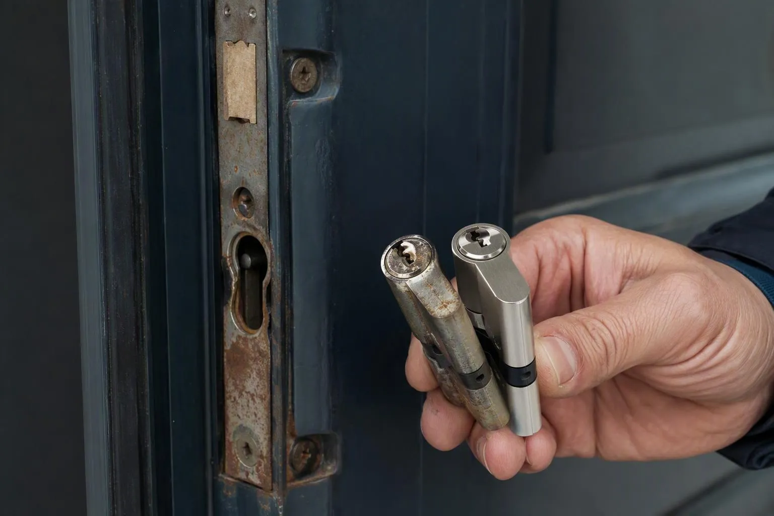 Serrure de porte et deux cylindres européens tenus en main