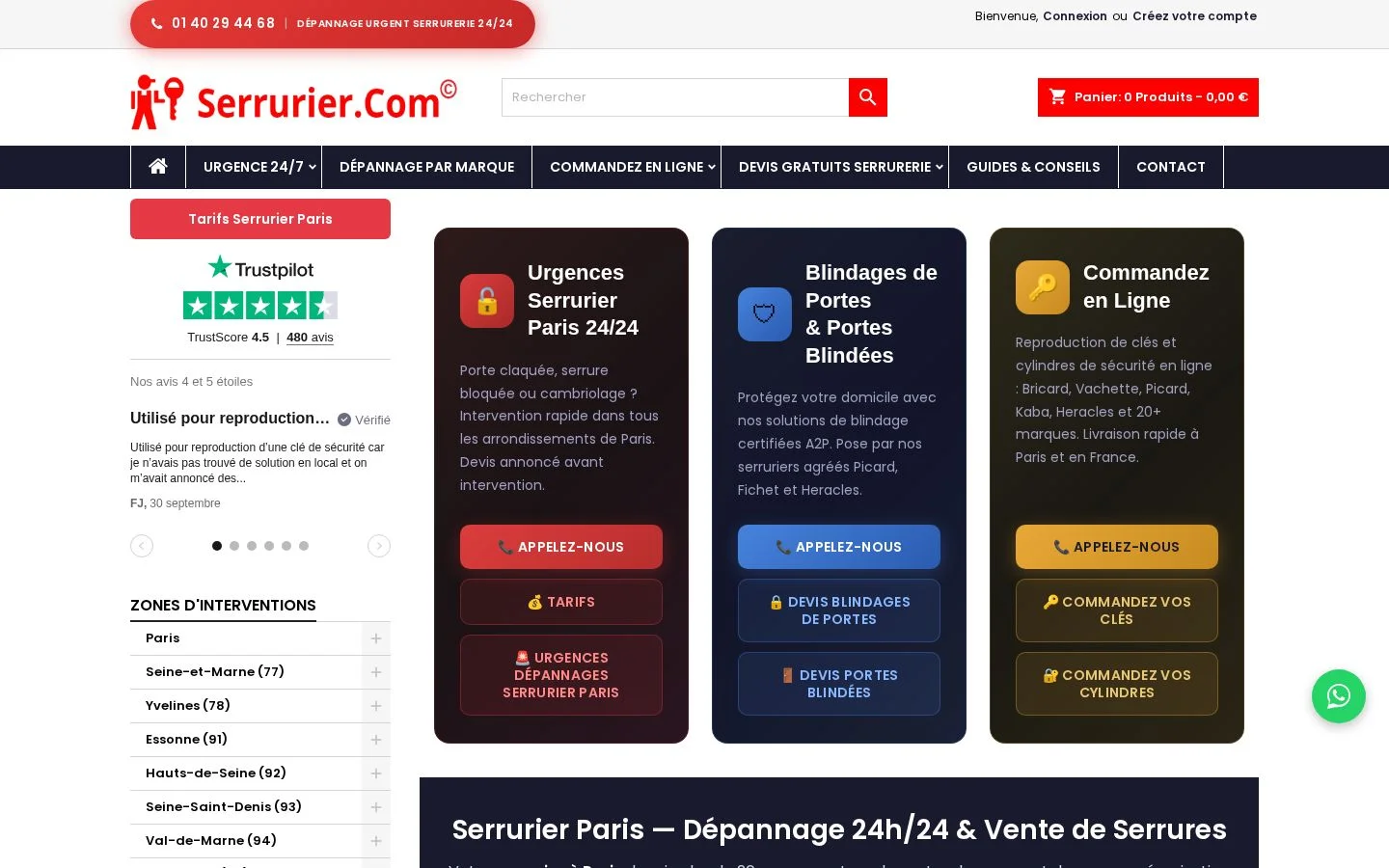 Page web Serrurier.com, dépannage serrurier Paris 24/24 et tarifs