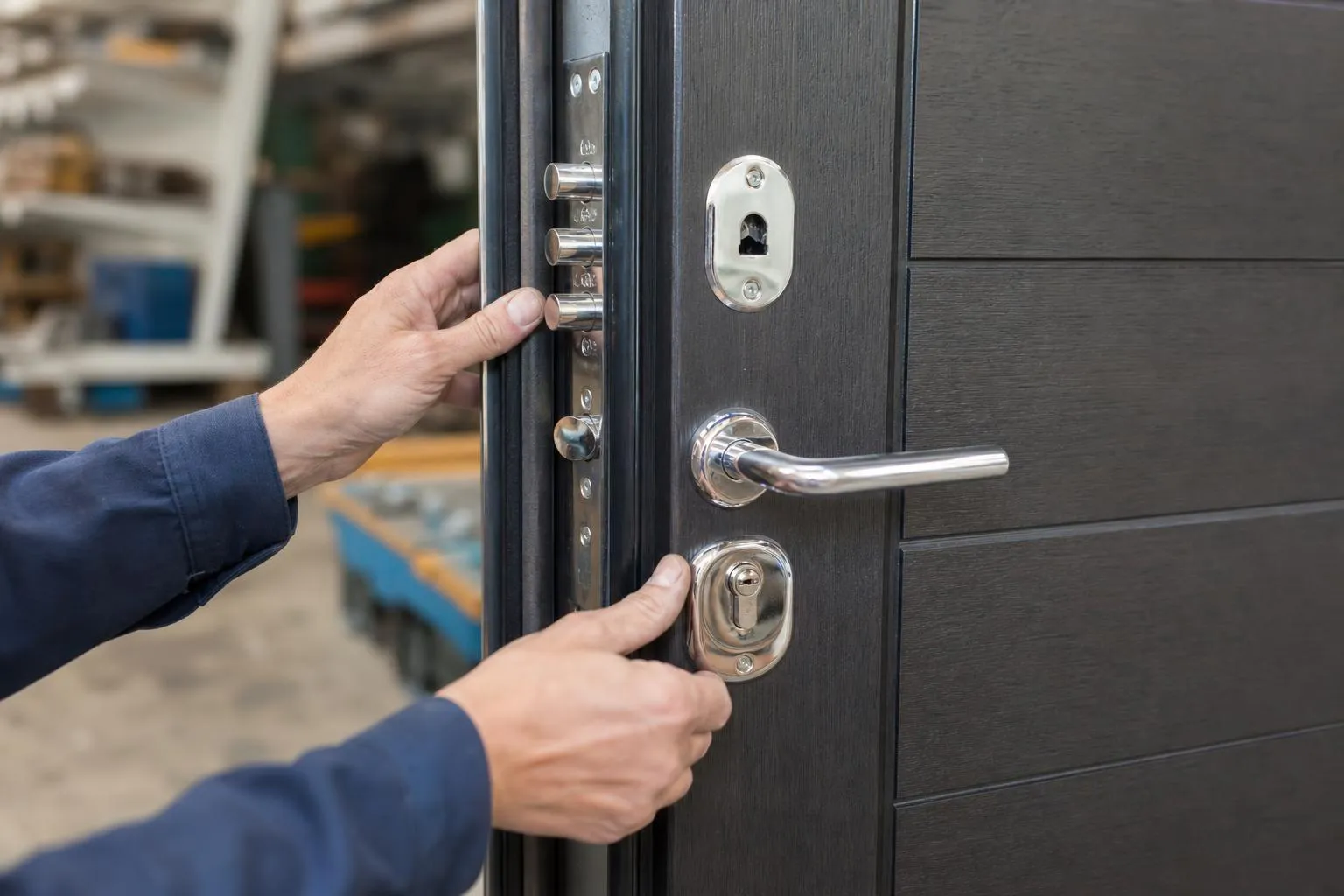 Homme ouvrant une porte en bois foncé avec serrure et poignée en métal.