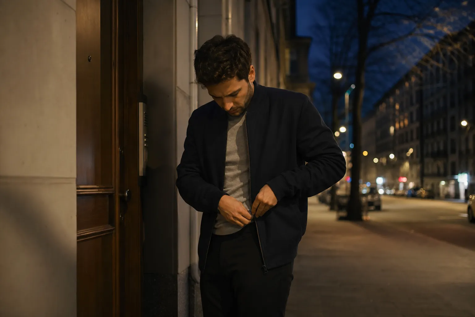 Homme en costume sombre dans une rue sombre la nuit.