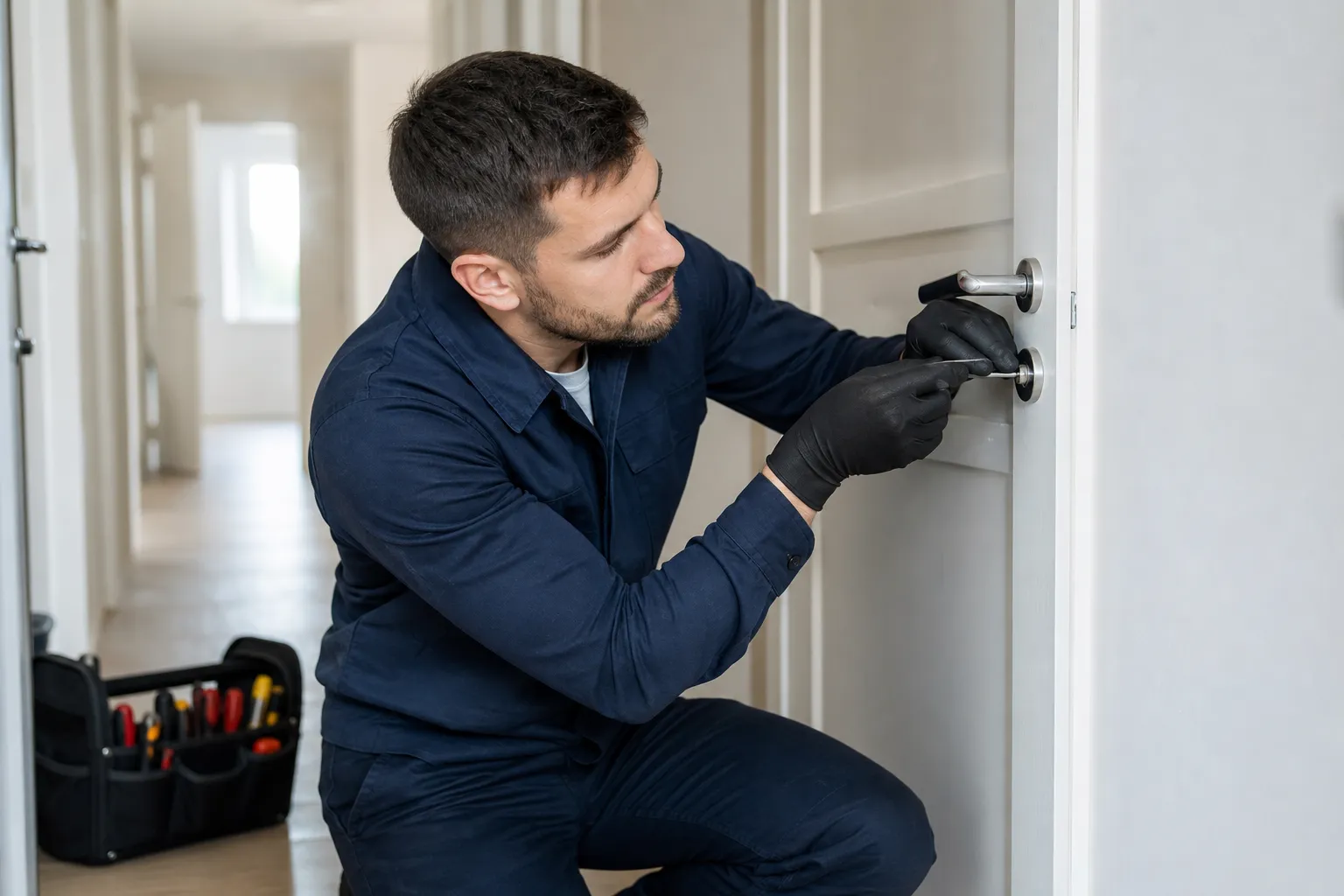 Homme en costume bleu marine installant une serrure sur une porte.