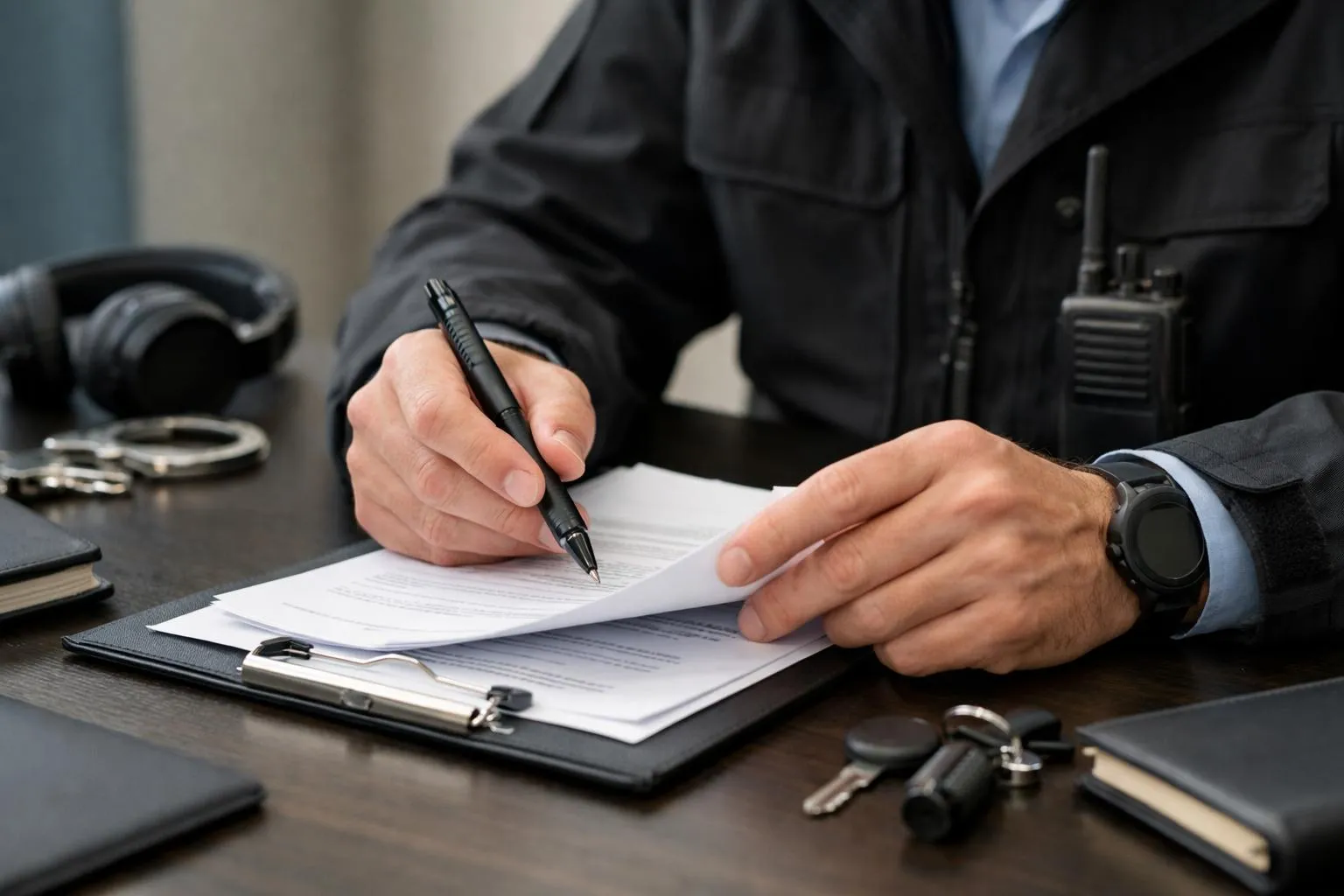 Homme d'affaires signant un document officiel sur son bureau.