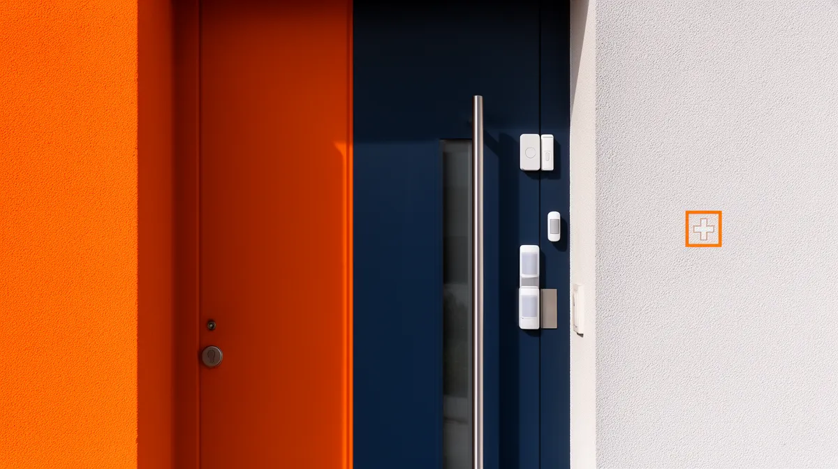 Porte d'entrée orange vif, mur bleu foncé, détails métalliques.