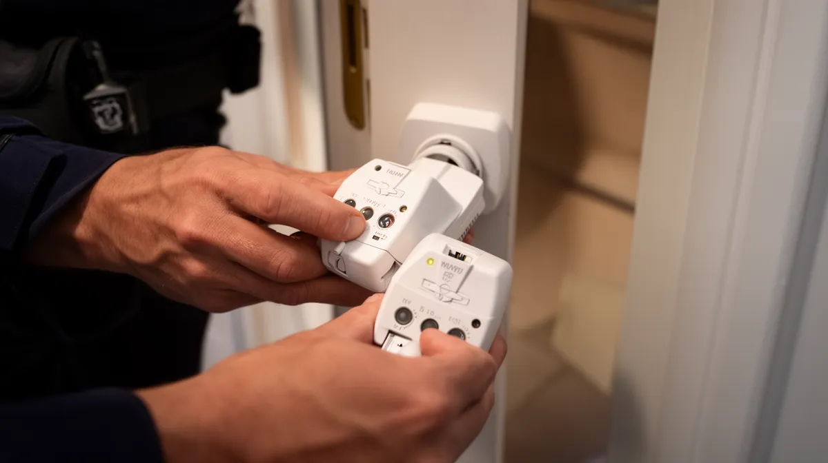 Mains installant un dispositif électrique sur un mur.