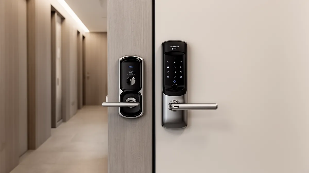 Couloir avec serrure électronique moderne et sécurisée.