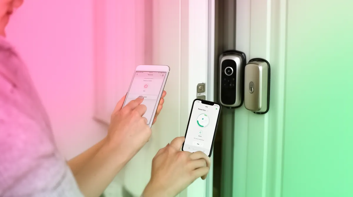 Mains utilisant des appareils électroniques pour contrôler un système de sécurité domestique.