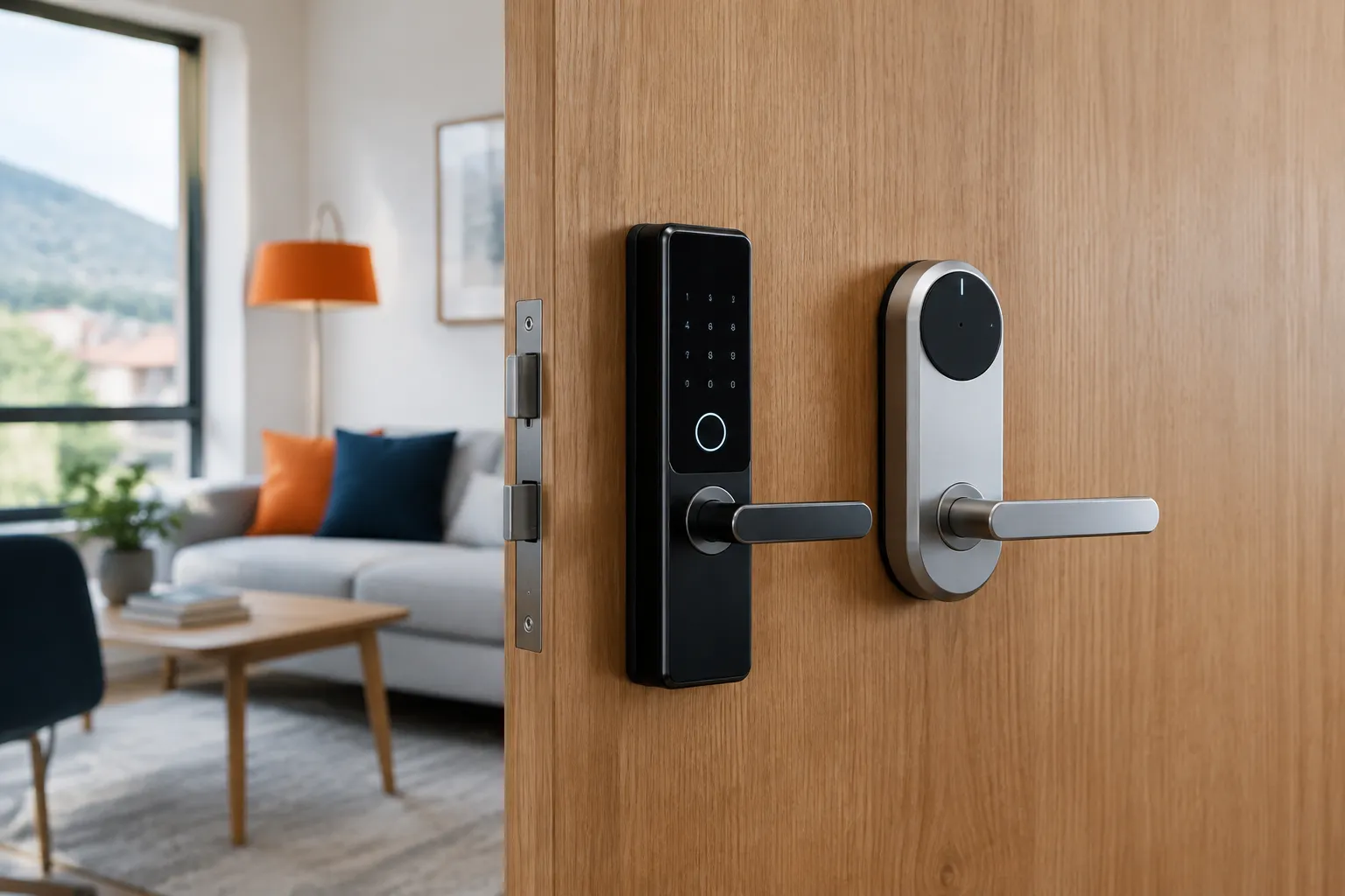 Deux serrures intelligentes modernes sur porte en bois ouverte