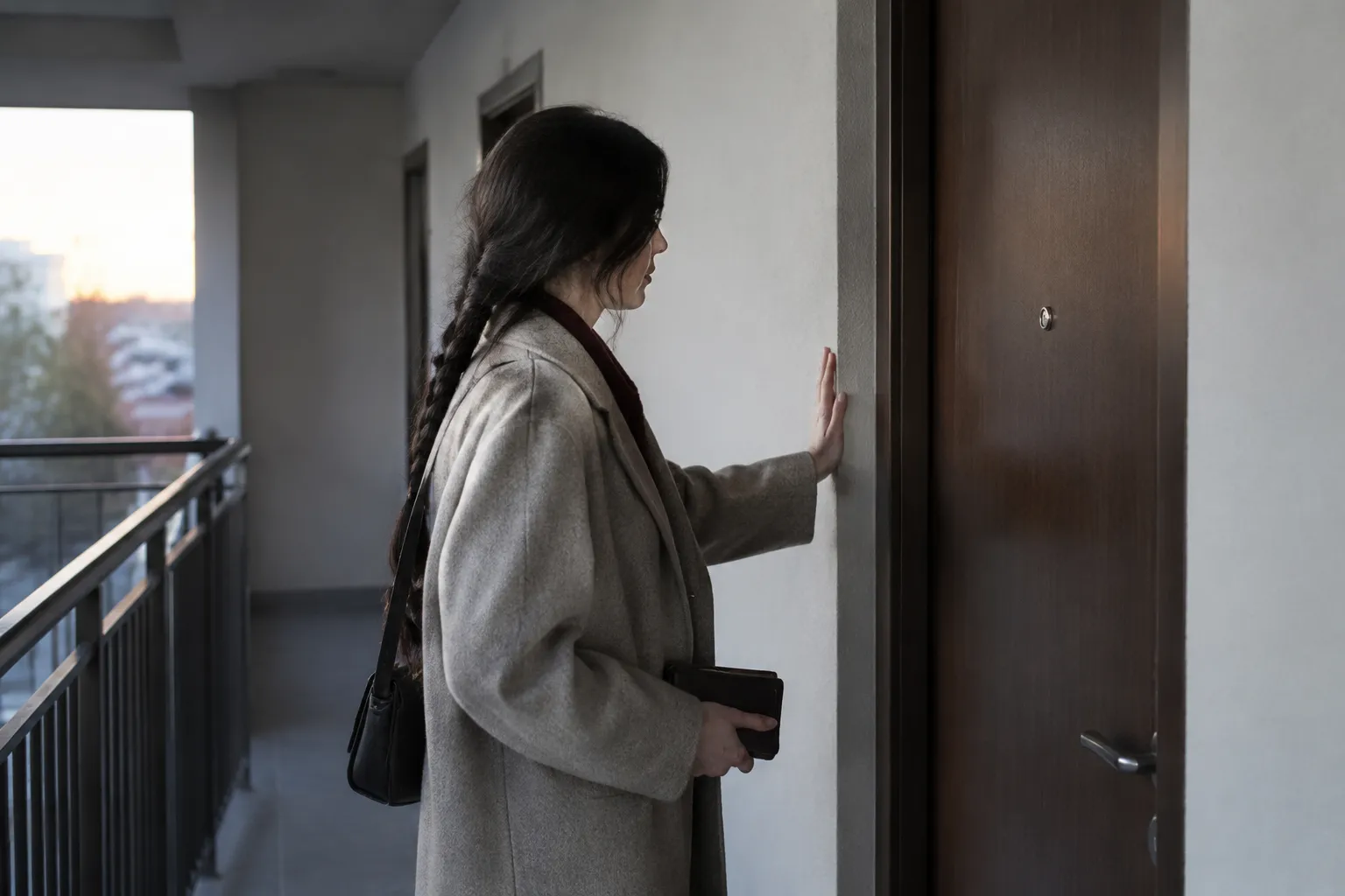 Femme frappant à une porte d’appartement dans un couloir.