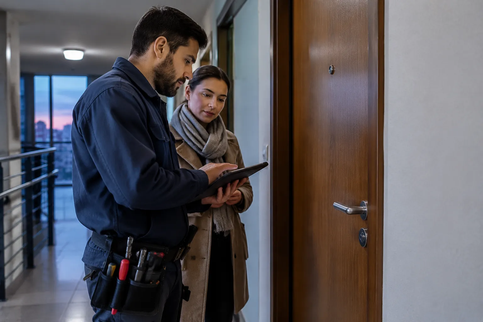 Technicien consultant une tablette devant une porte avec une cliente