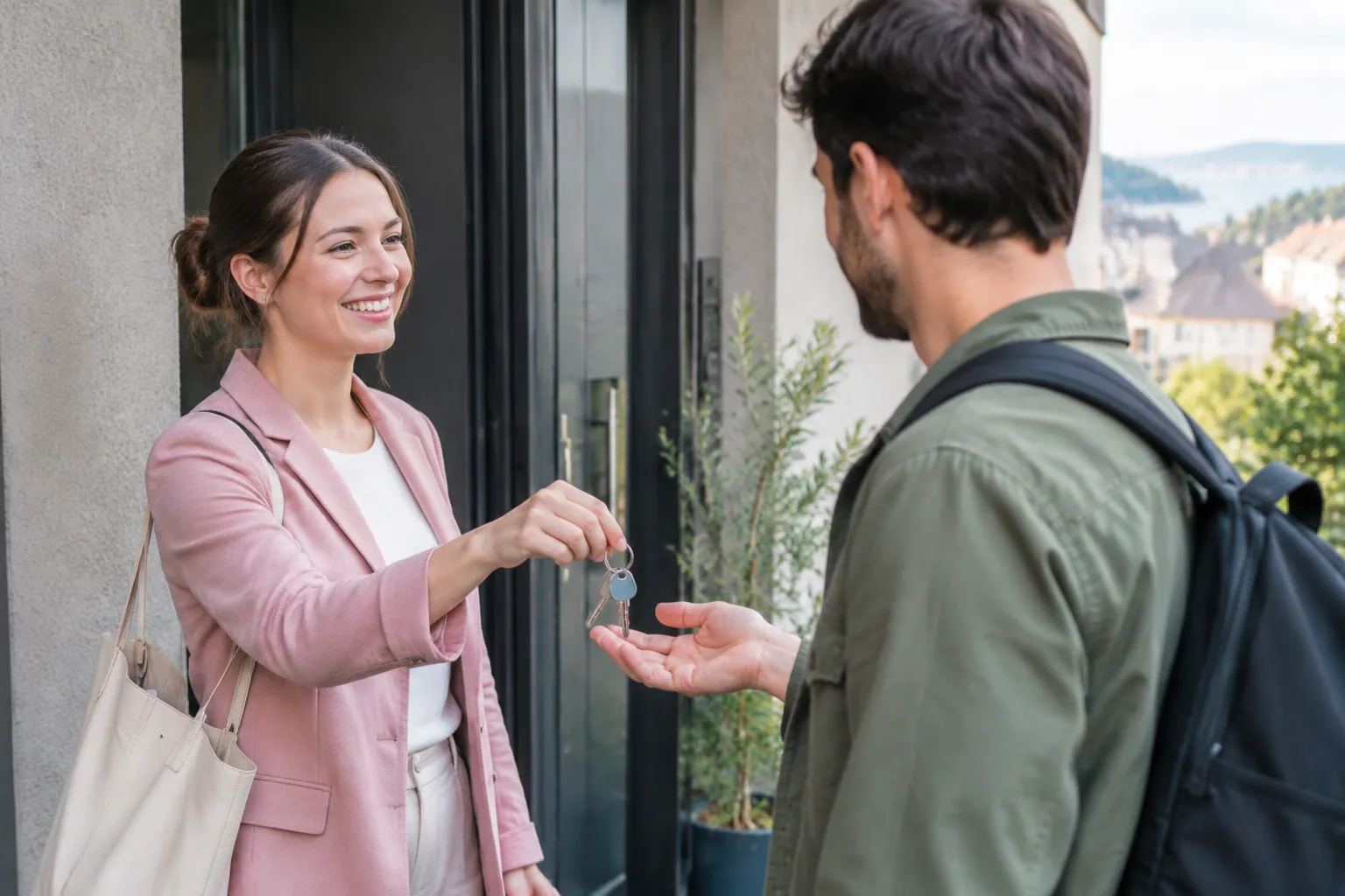 Femme remettant des clés à un homme devant une porte